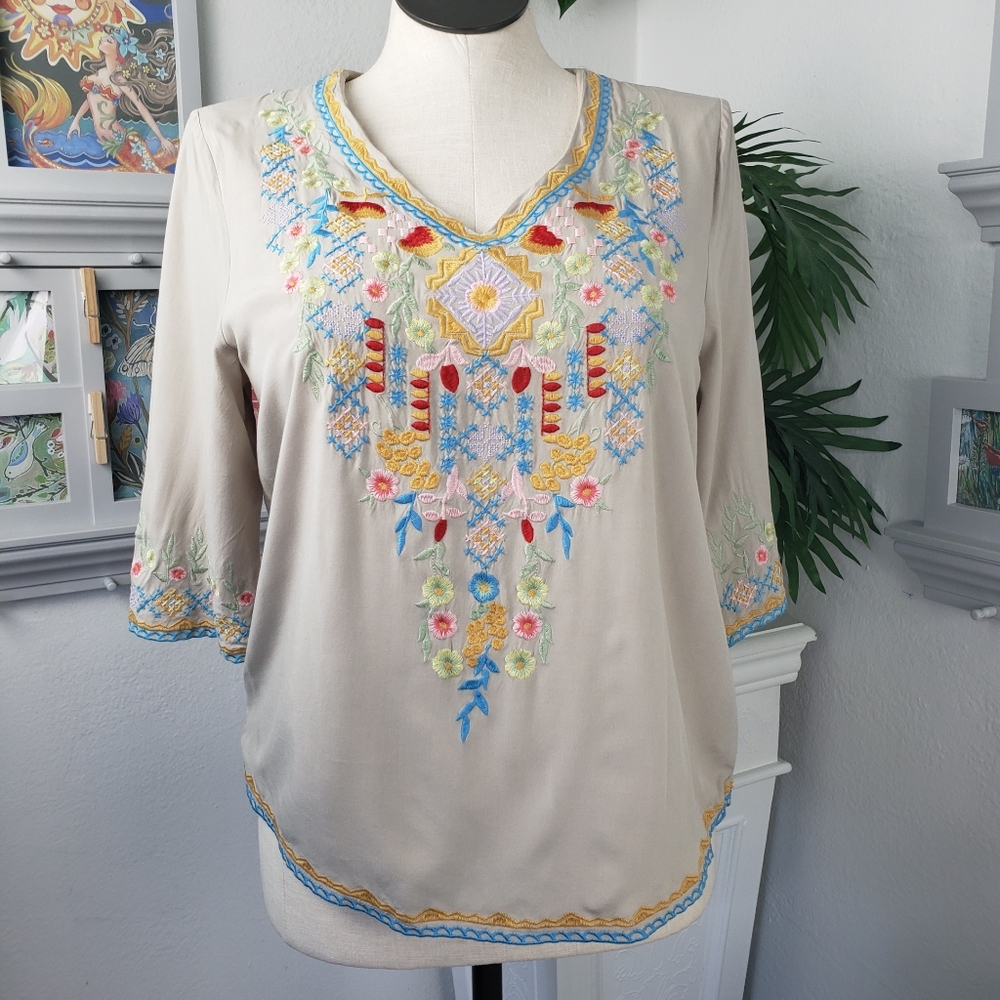 Bohemian Style Embroidery Tan Red Yellow Blue Embroidery sz Small